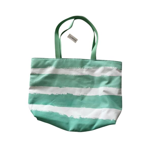 NWT Clinique x Drawbertson Green and White Striped Tote Bag - Picture 1 of 6